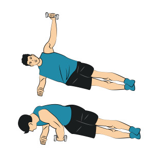 Side Plank with Oblique Twist left arm + a light dumbell