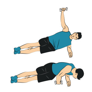 Side Plank with Oblique Twist right arm + a light dumbell
